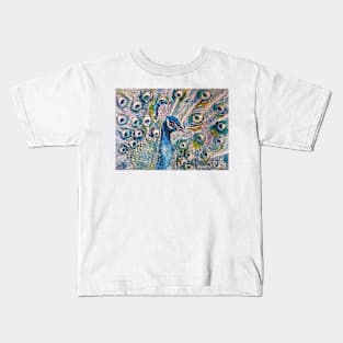 Peacock Watercolor Painting and Ink Art Kids T-Shirt